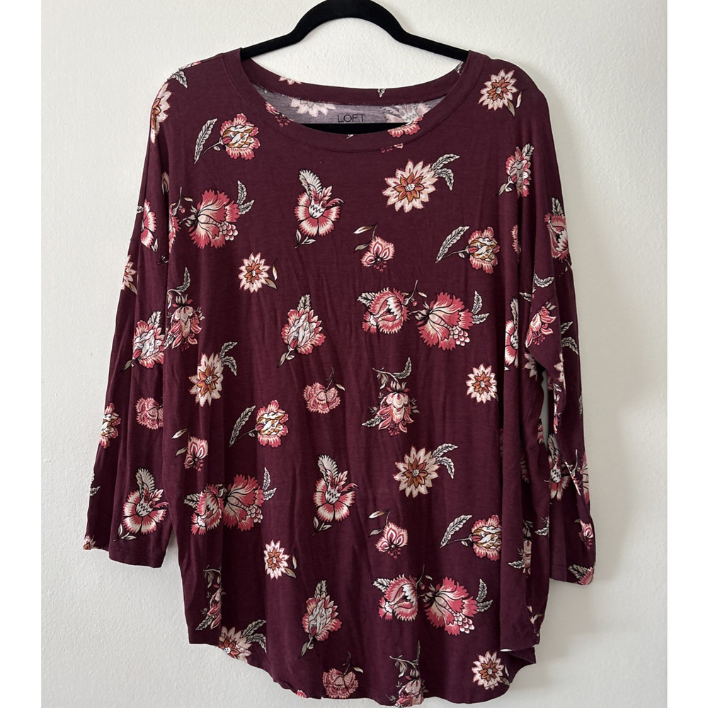 Loft L Top 3/4 Sleeve Multicolor Floral Round Neck Pullover Stretch